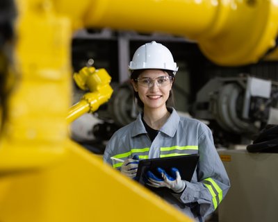 Portrait of white  helmet female engineer in factory (1)